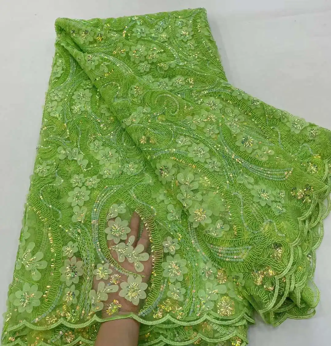 

2022 High Quality African Luxury Sequins Green Tulle Lace Fabric Nigerian Embroidered Mesh Tulle Lace Fabric For Party Dresses