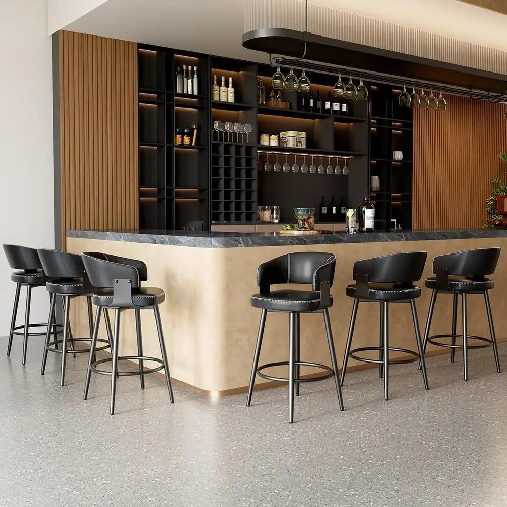 

Set of 6 30 Swivel Bar Stools with Curved Back, Vintage Black Leather Chairs for Kitchen Island, Dining, Living Room