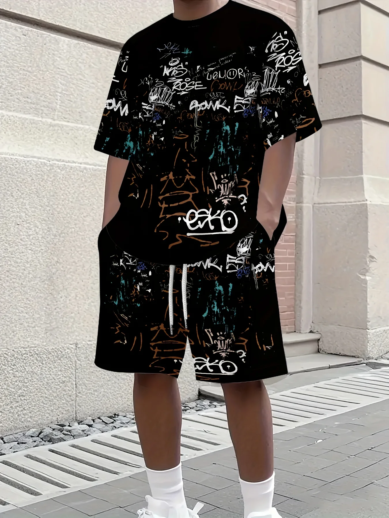 Summer Streetwear Men's  Round Neck Casual and Fashionable 3D Printed Short Sleeved T-shirt and Shorts Set