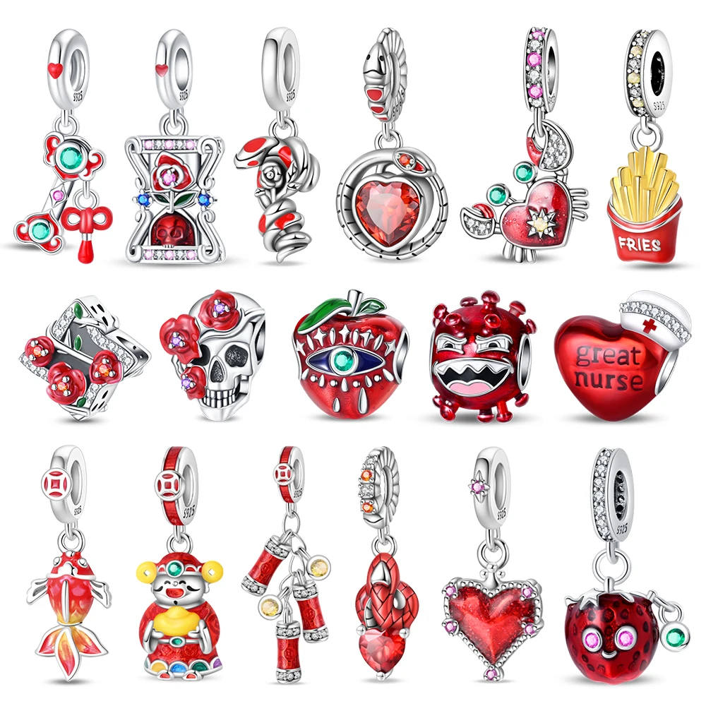 Red Series 925 Sterling Silver Rose Skeleton Koi Firecracker God of Wealth String Decoration Fit DIY Bracelet Necklace Gifts