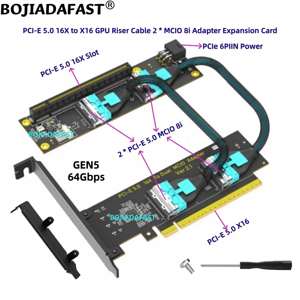PCI-E 5.0 16X to PCIe X16 Graphics Card GPU Riser Extension Cable 2 * MCIO 8i Adapter Card GEN5 64Gbps With ATX 6Pin Power