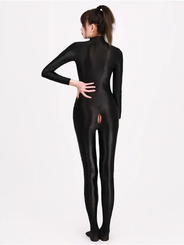 

Double Zipper One-Piece Bodycon Clothes High Elastic Glossy Smooth Sexy Underwear Silklike Home Clothes for Women