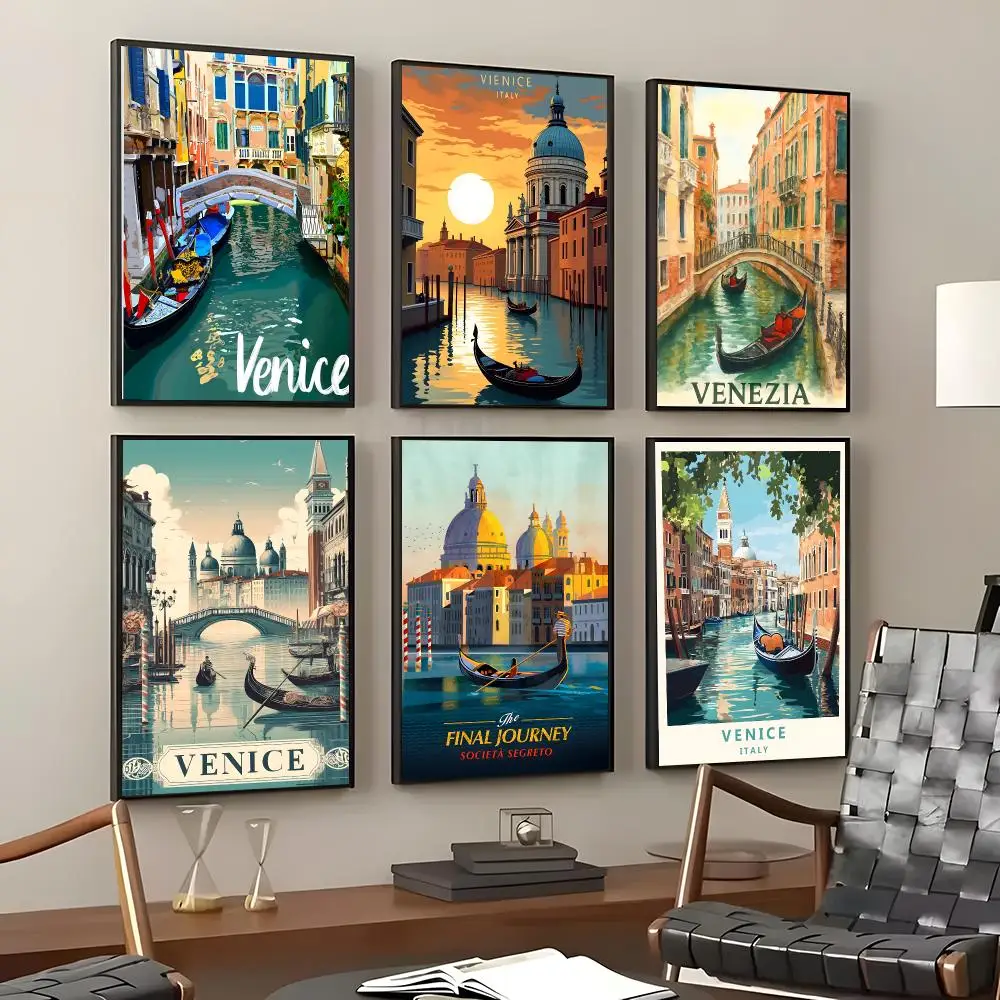 Landscape Venice Gondola Poster Self-Adhesive Waterproof Wall Stickers Coffee Bar Home Wall Decor