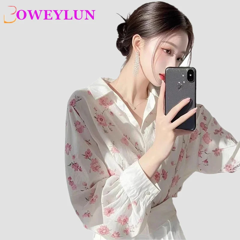 BOWEYLUN wiosna nowy różowy nadruk na co dzień z długim rękawem koszula damska francuski kołnierzyk polo bluzka sweter damski