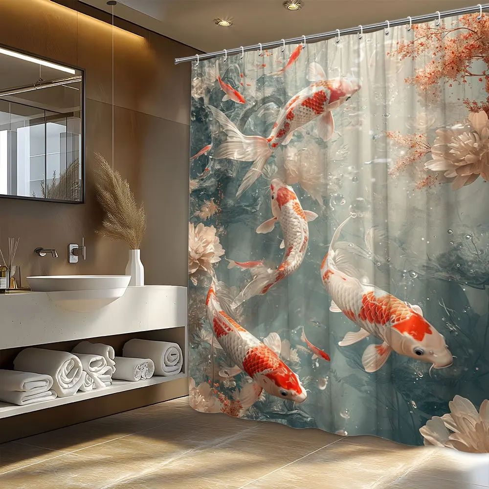 Koi Fish Shower Curtain With Cherry Blossoms And Water Lilies Japanese Garden Design Waterproof Bath Decor For Home Gift