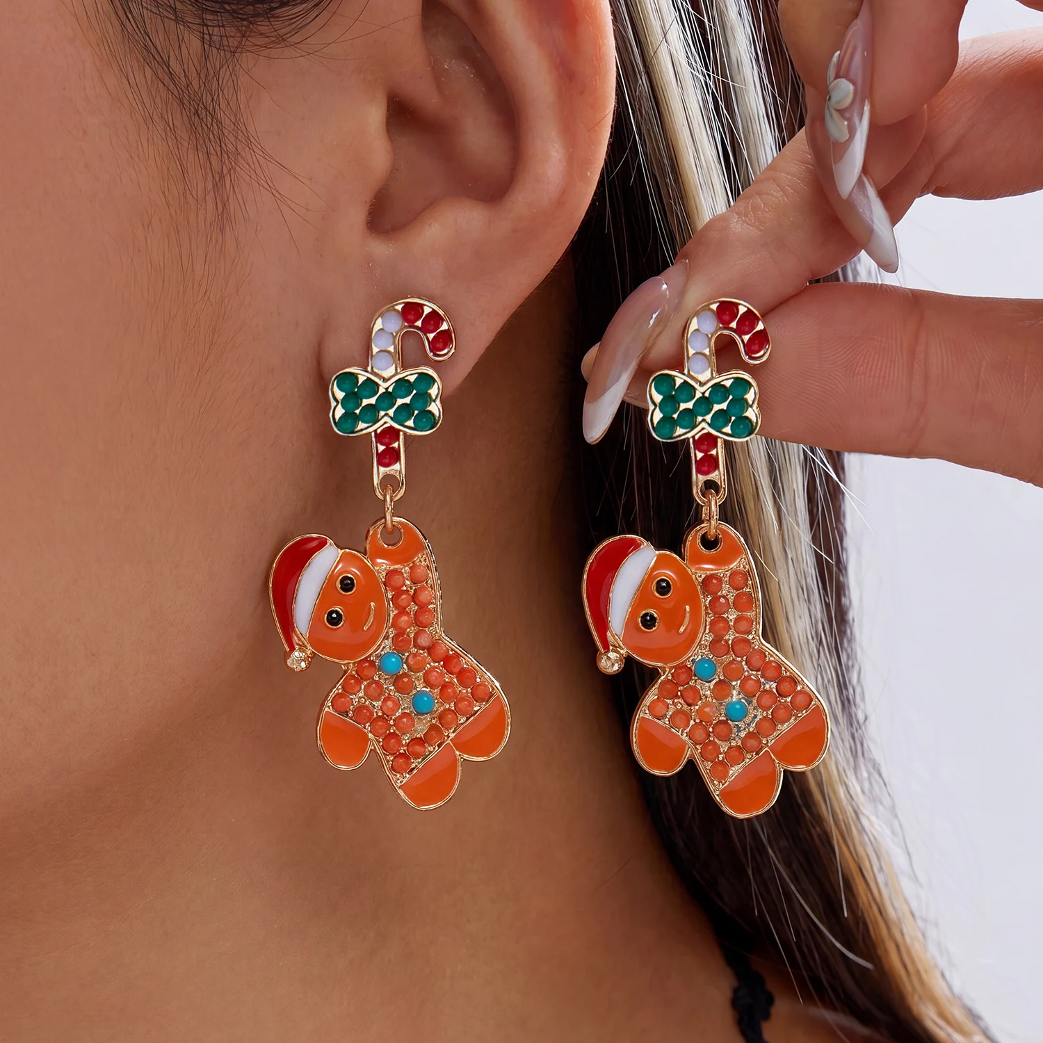 Boucles d'oreilles pendantes de Noël en strass pour femme, motifs bonhomme de pain d'épices, canne à sucre, nœud, bonhomme de neige, Père Noël, bijoux de fête