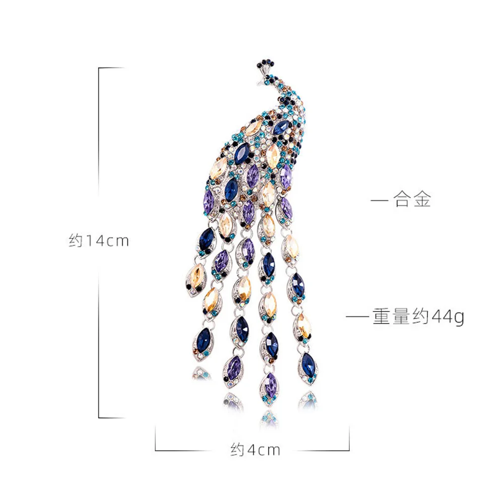 Long Tail Tassel Crystal Peacock Brooches for Women Luxury Full Rhinestone Fashion Charm Beauty Animal Bird Brooch Pins Gifts