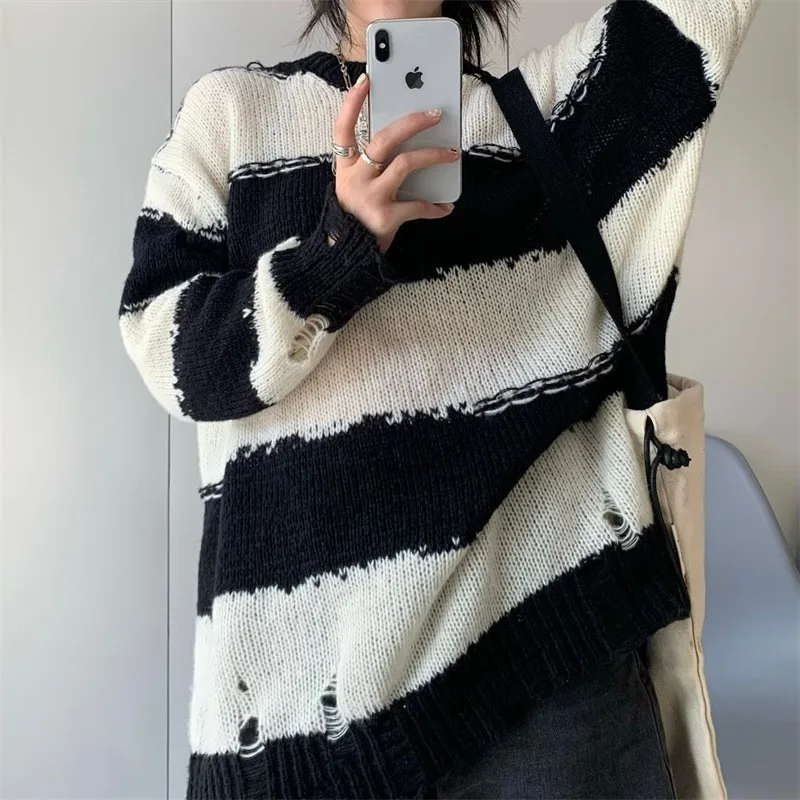 Black and White Stripe Sweater Women Fashion Hole Loose Top Round Neck Pullovers Knitwear Women\'s Korean Autumn Clothes