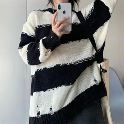 Black and White Stripe Sweater Women Fashion Hole Loose Top Round Neck Pullovers Knitwear Women's Korean Autumn Clothes