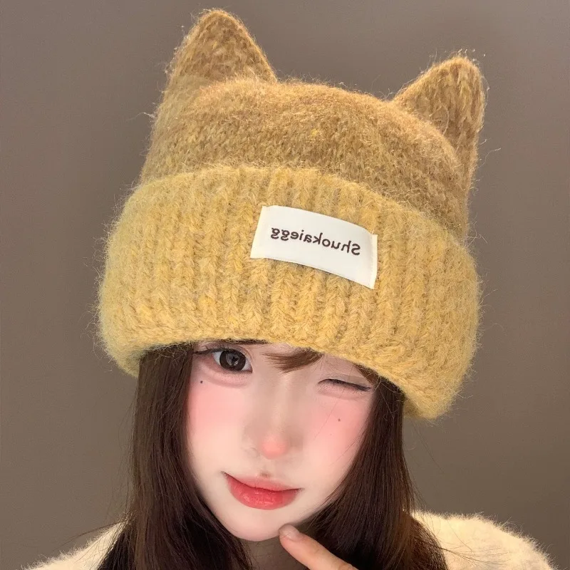 Soft Winter Knitted Cat Ear Beanie for Women with Ear Protection Flaps Plush Wool Warm Thermal Hat for Big Head Cold Weather
