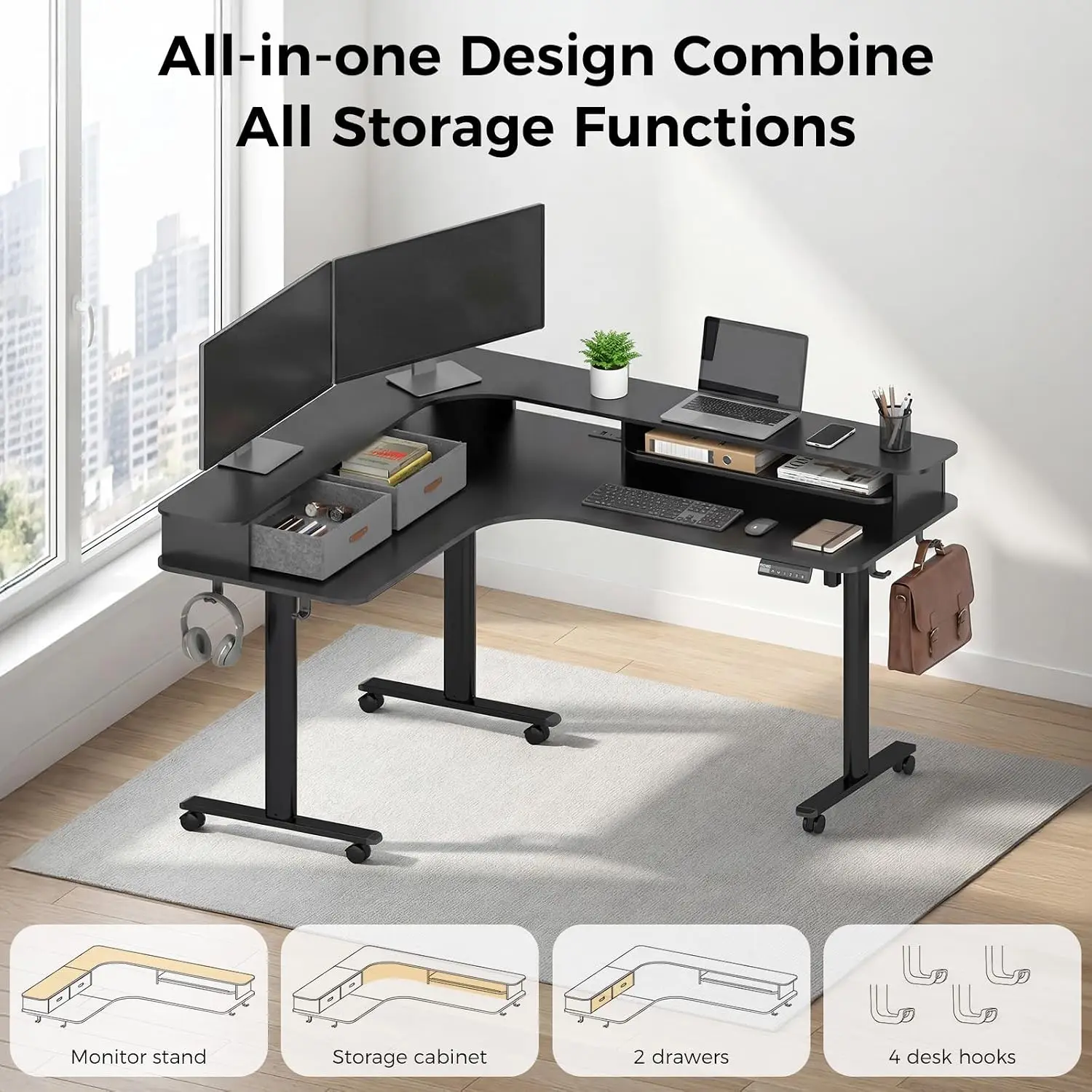 L Shaped Electric Standing Desk with Drawers, 63x55 Height Adjustable Memory Controller Ergonomic Corner , Customized