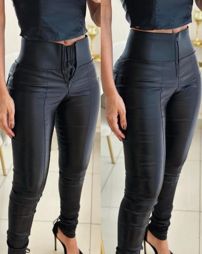 Fashionable New Leather Pants Pu Leather Stretchy Waist Zipper Design Skinny Pants Sexy Casual Leather Pants for Women