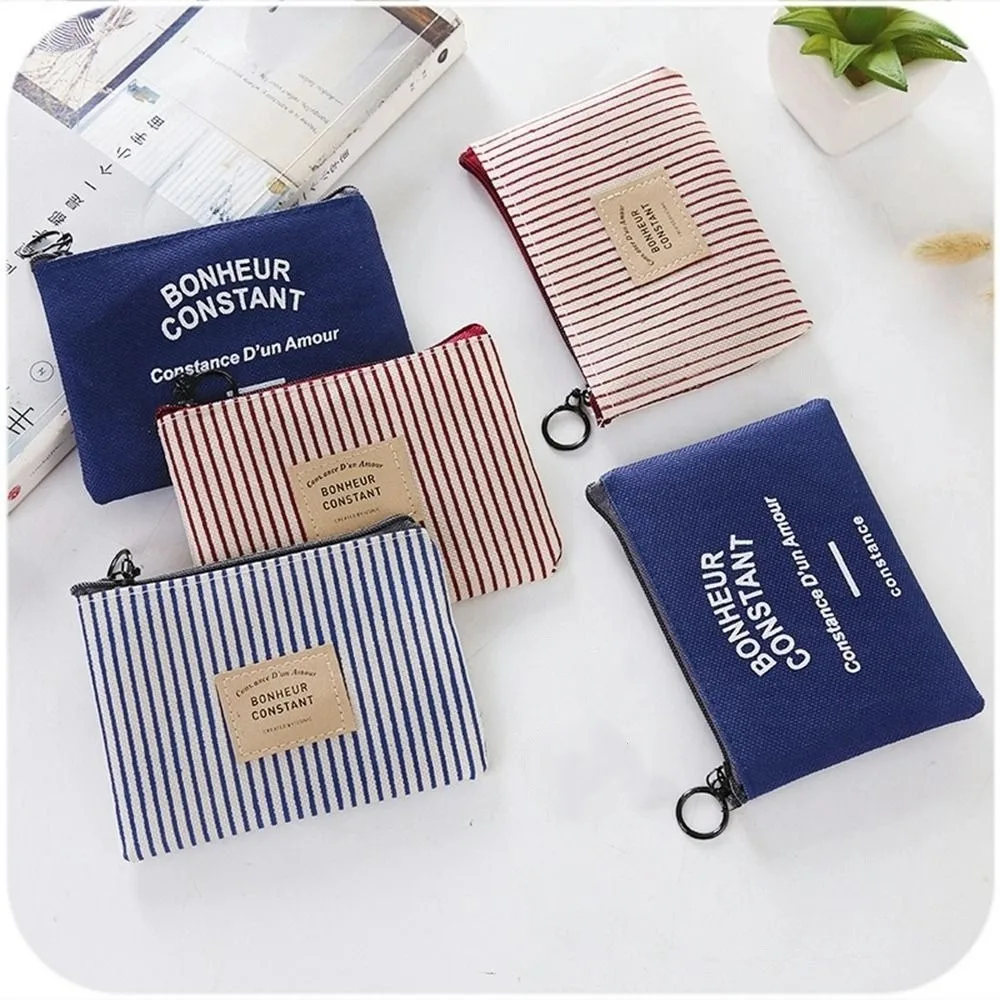 Cute Square Stripe Print Coin Purse Small Zipper Canvas Letter Wallet Case Card Holder Lipstick Storage Bag Change Purse