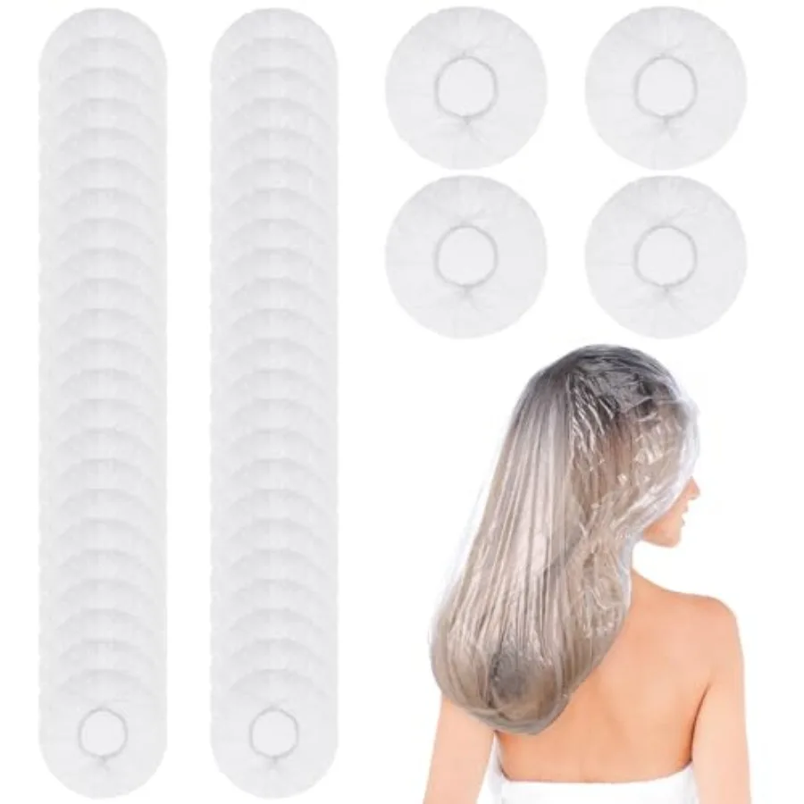 

50 Pcs Large Disposable Shower Caps, Waterproof Clear Plastic Shower Cap Elastic Hair Caps for Women Long Hair, Locs, Braids, D