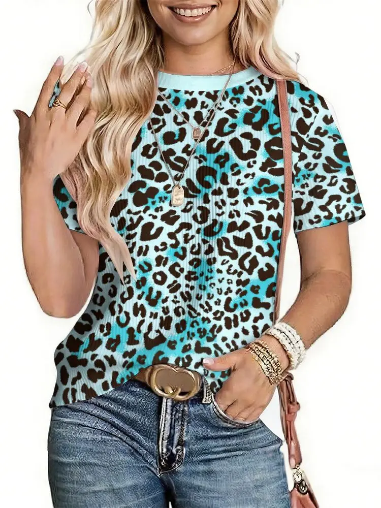 Summer Fashion Leopard 3D Print T-Shirts Women's Casual Short Sleeve Round Neck T Shirt Harajuku Y2K Tees Tops Female Clothing