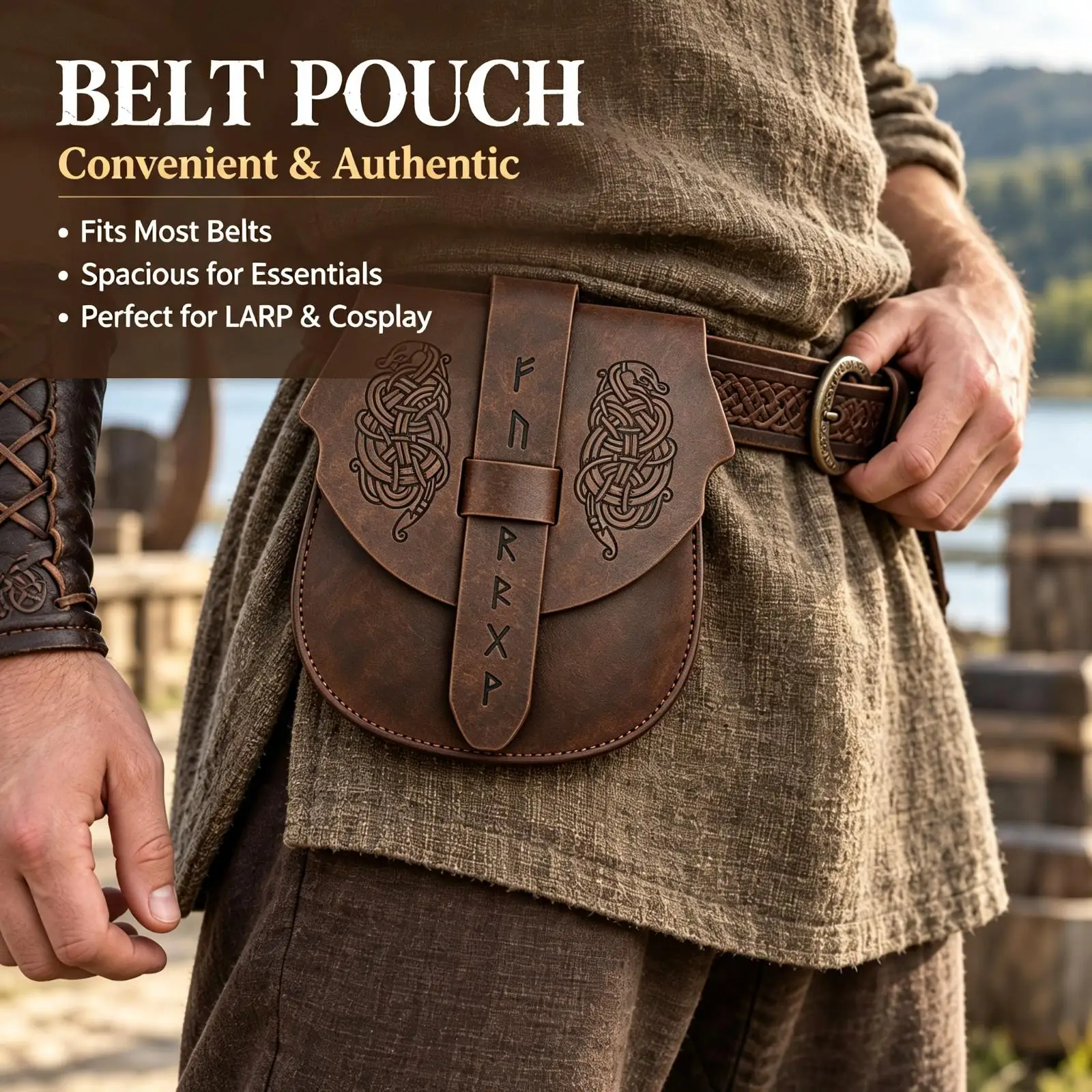 Viking Leather Belt Pouch, Medieval Retro Hip Bag with Norse Rune Carving for LARP Cosplay Renaissance Costume - view 4