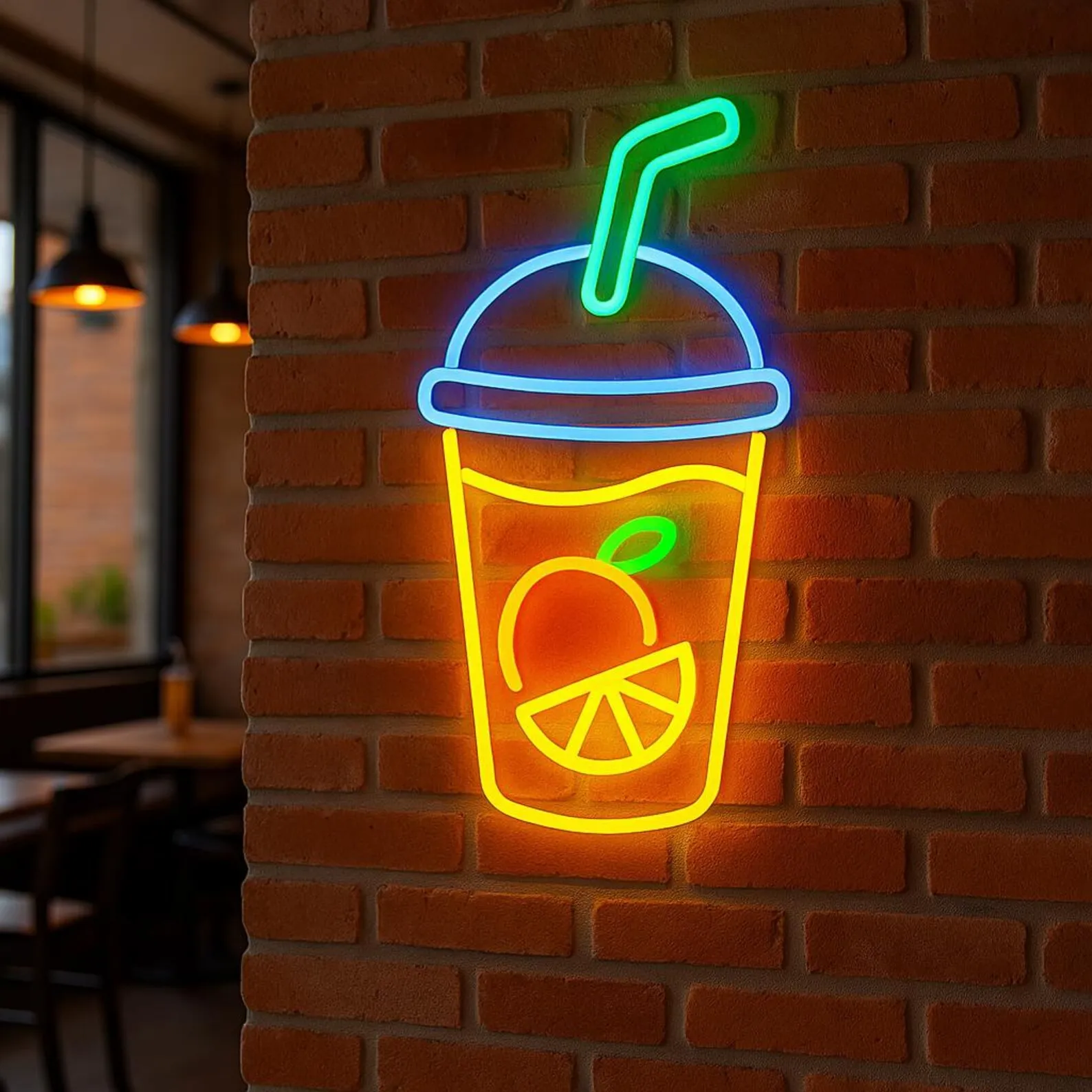 Juice Bar Neon Sign Glass of Juice Restaurant Wall Art Hanging Smoothie with Ice, Fruit Swirl Shop Open Decor