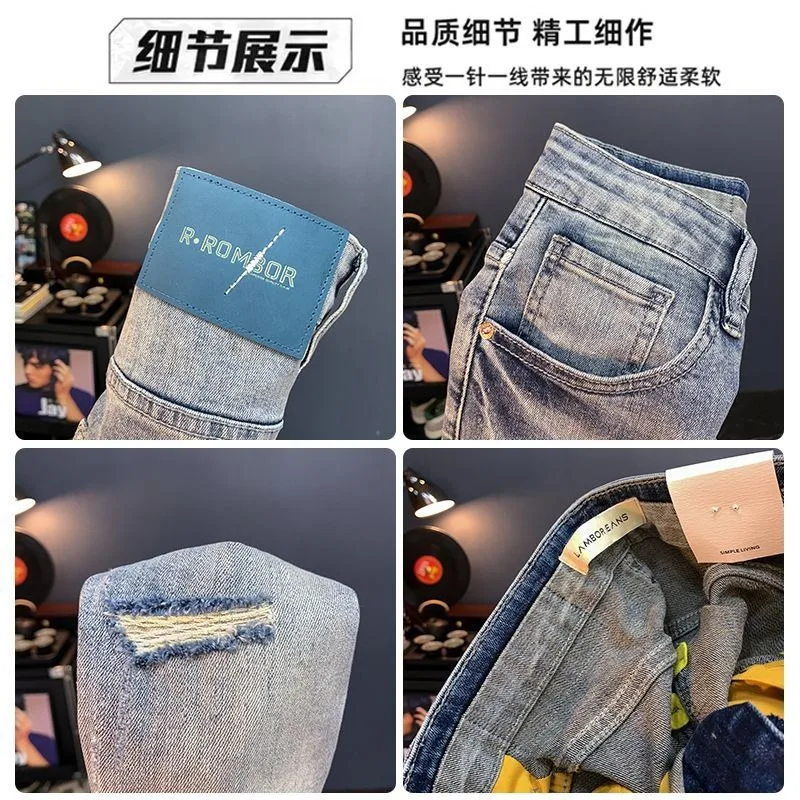 Trendy Brand Retro Blue Jeans Men's Slim-fit Skinny Summer Thin Fashionable Casual Cropped Pants