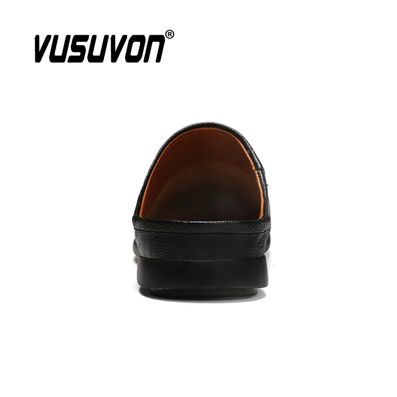 Genuine Cow Leather Black Men Half Shoes Mules Casual Fashion Loafers Summer Breathable Luxury Slippers 2023