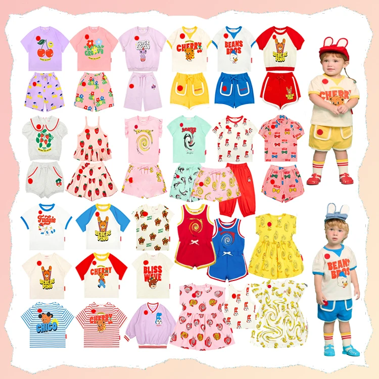2026 BP Korean Cotton T Shirts Vest Shorts Dress Suits Sets Sun Protection Starwberry Duck Bow Rabbit Printed Cartoon Tops Pants