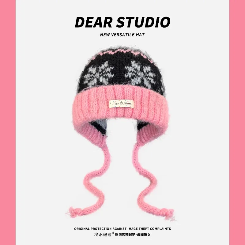 Vintage Fair Isle Knit Earflap Hats for Women Winter Fuzzy Snowflake Pattern Beanies Soft Warm Knitted Cap Outdoor Windproof