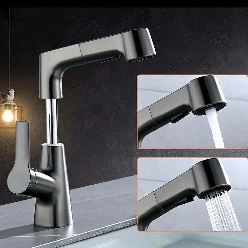 Ash Pull-out Basin Faucet Bathroom Bathroom Hot and Cold Lifting Telescopic Universal Washstand Faucet
