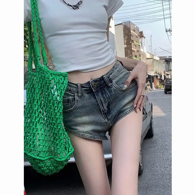 High Waist Asymmetrical Denim Shorts Women's Spring Summer New American Hot Girl Straight Leg Pants Hot Shorts A-Line Denim S...