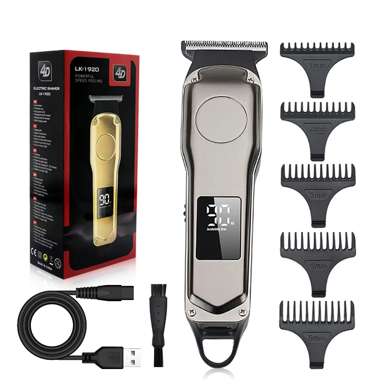 Men's USB rechargeable electric hair clipper, including multiple comb accessories and cleaning brushes