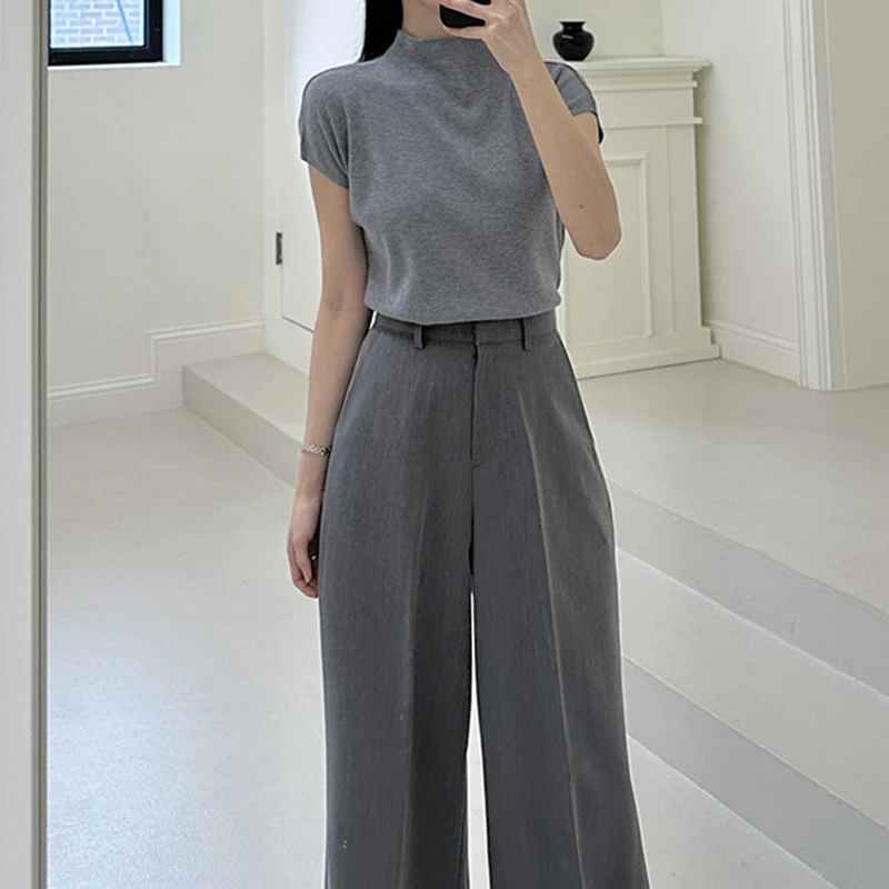 Rimocy Korean Fashion Women's Wide Leg Pants 2024 New Solid High Waist Office Trousers Ladies Chic Loose Grey Suit Pants Woman