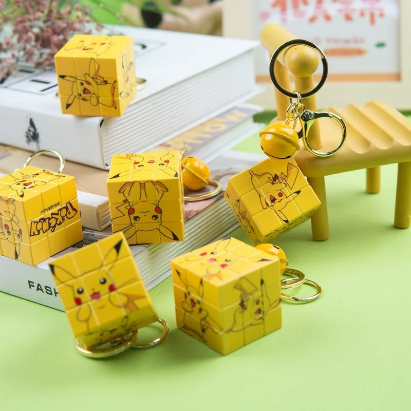 Pokemon Keychain New Creative Rubik Cube Bell Toy Keychain Cute Cartoon Anime Pikachu Mini Bag Schoolbag Key Pendant Kids Gifts