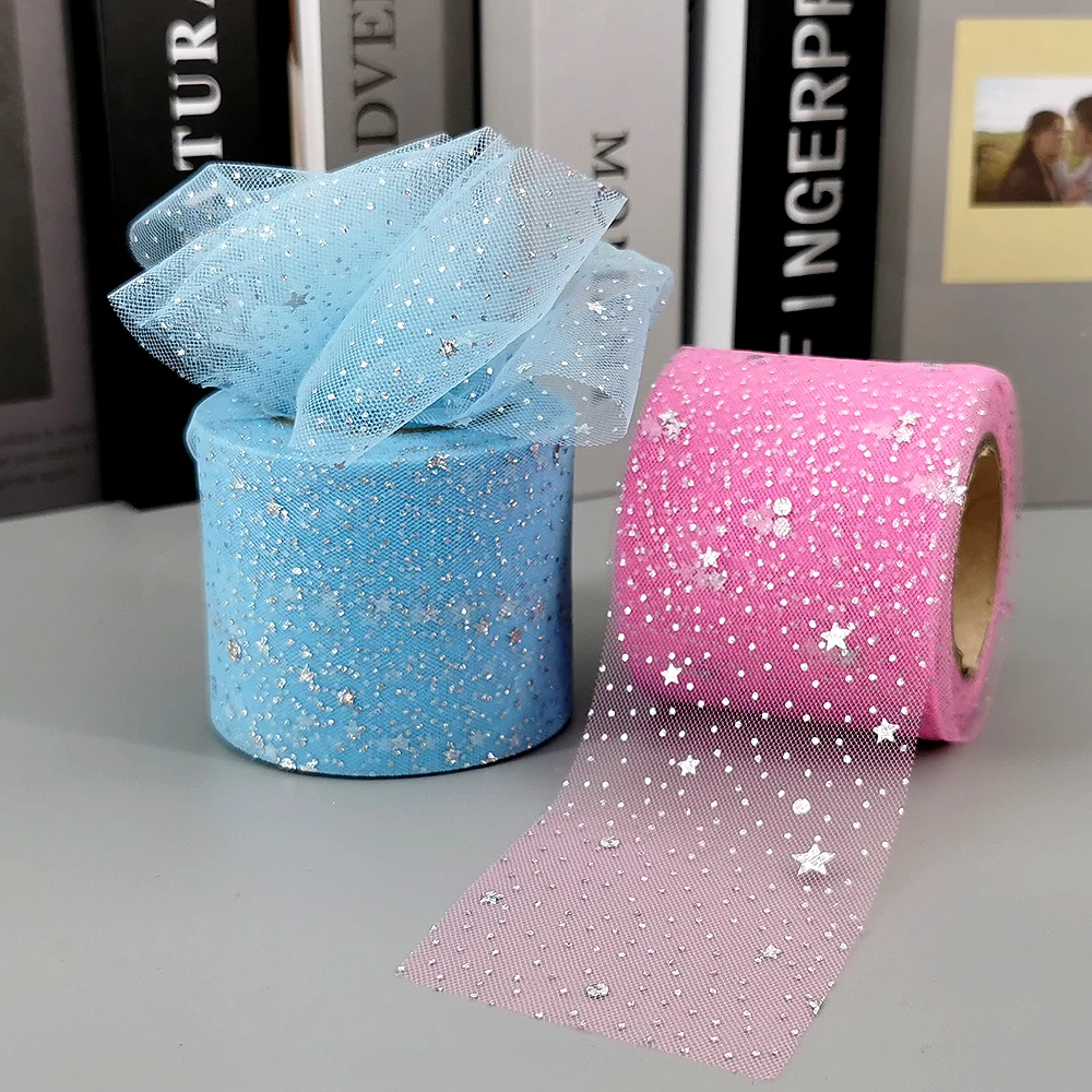 6cm 25yards Tulle Rolls Silver Star Moon Organza Ribbon Film Night Sky Mesh Tape for Hairbows Fairy Doll Skirts DIY Materials