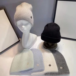 2022Angora Rabbit Fur Winter Woman Hat Cashmere Skullies Beanies Soft Solid Warm Fluffy Thick Sequins Knitted Hat Gift Wholesale