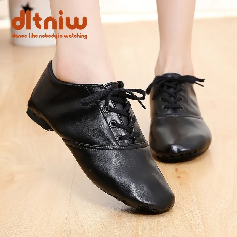 Women Men's Kids Sneakers Black PU Leather Lace-Up Jazz Chaussure Boots Split Outsoles Indoor Dancing Shoe Modern Dance Shoes