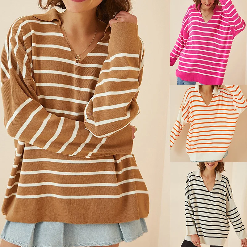 

New Loose Striped Sweater Casual Pullover Contrast Sweater Knit Top