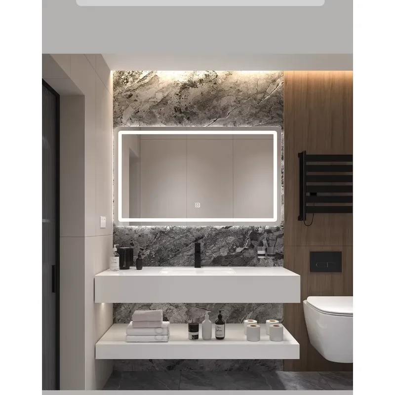 Modern Multi-layer Stone Hotel Bathroom Vanity Set LED Wall-Mounted Mirror Cabinet Water Resistant Eco-Friendly Matte Khaki