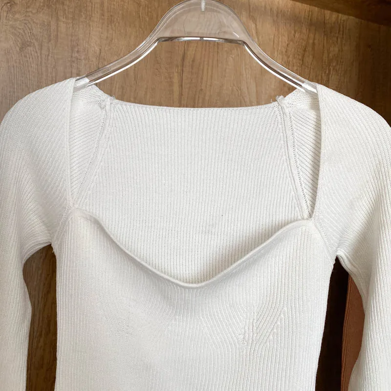 Women Chic Square Collar T-shirt Slim Mesh French Fashion Sweet Knit Long Sleeves Top Autumn Winter Women Hotsweet Beach Blouse
