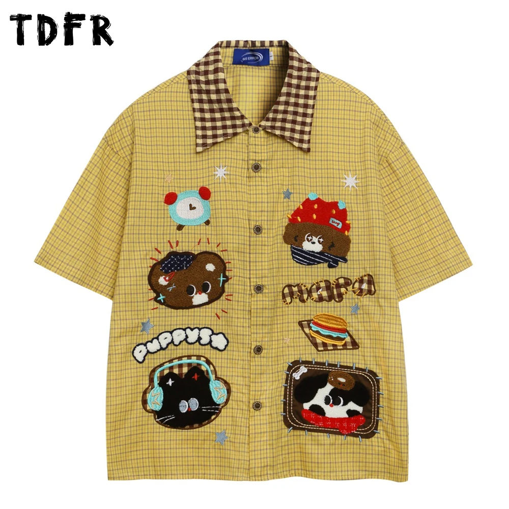 

Cartoon Embroidery Short Sleeve Plaid Shirts Mens Summer Casual Retro Spliced Lapel Single Breasted Half-Sleeve Checked Shirt