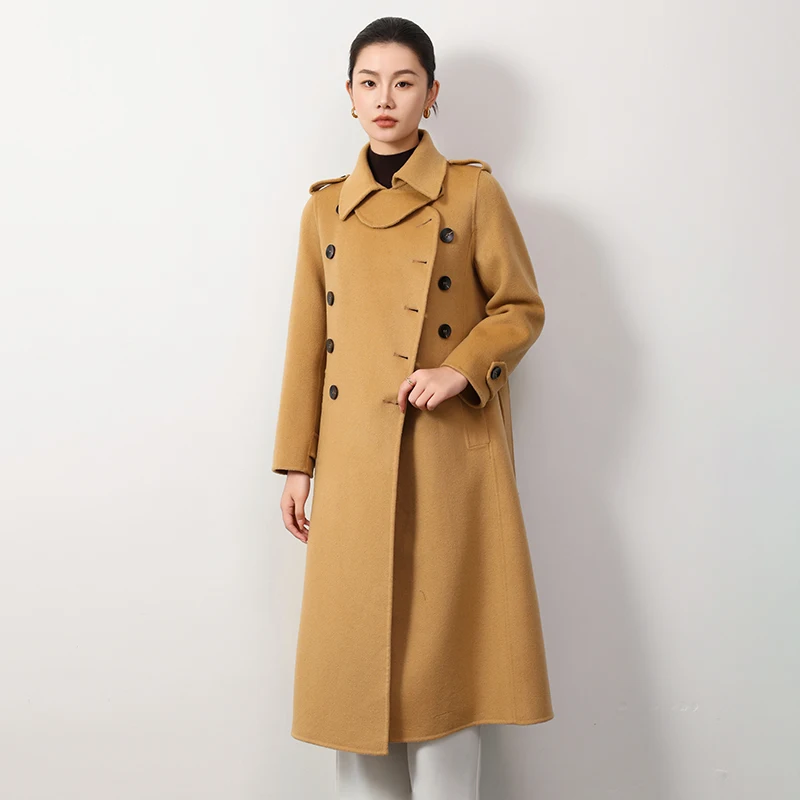 

2025 Autumn Winter New Women's Coat with Turn-down Collar and Button Decoration, 100% Pure Wool Woolen Long High-end Trench Coat