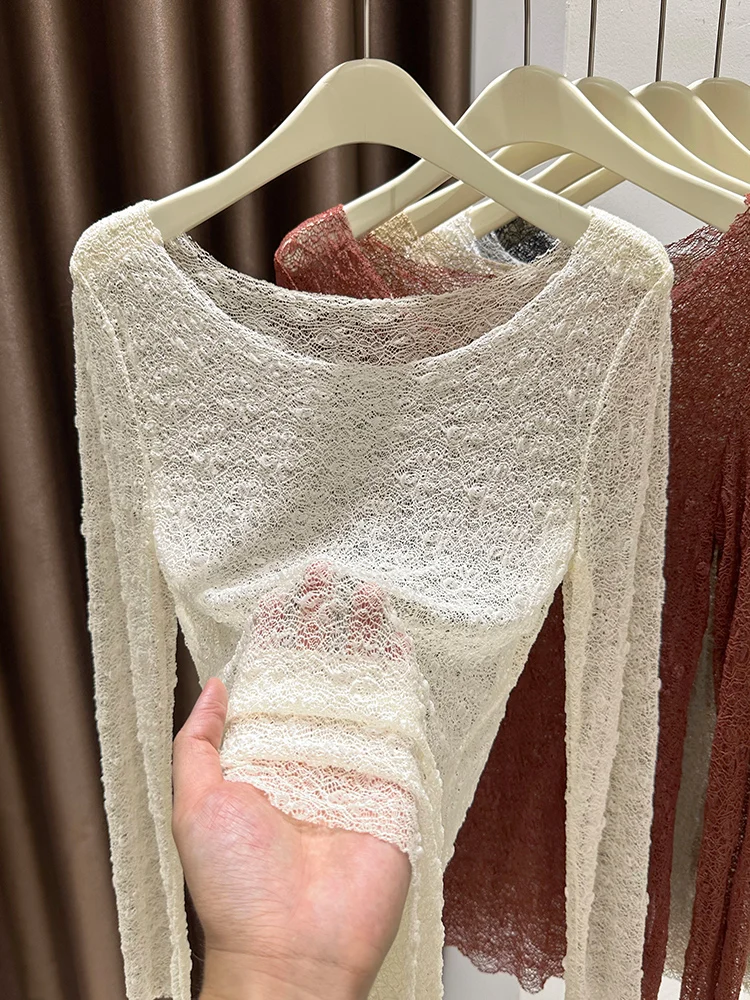 

Женская тонкая прозрачная майка-топ Pure Desire с кружевом и вырезами, для весны и осени, с низкой горловиной, больших размеров