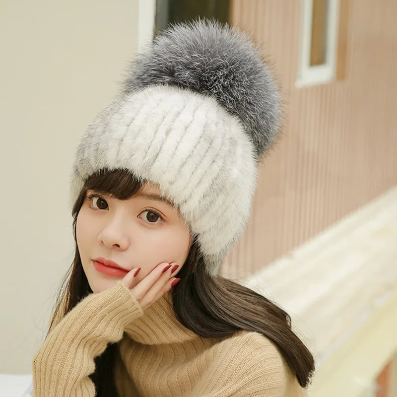 Winter Mink Fur Hat Elastic Natural Mink Fur Beanies Hat Keep Warm For Women Winter Luxury Fluffy Fur Hat With Fox Fur Ball