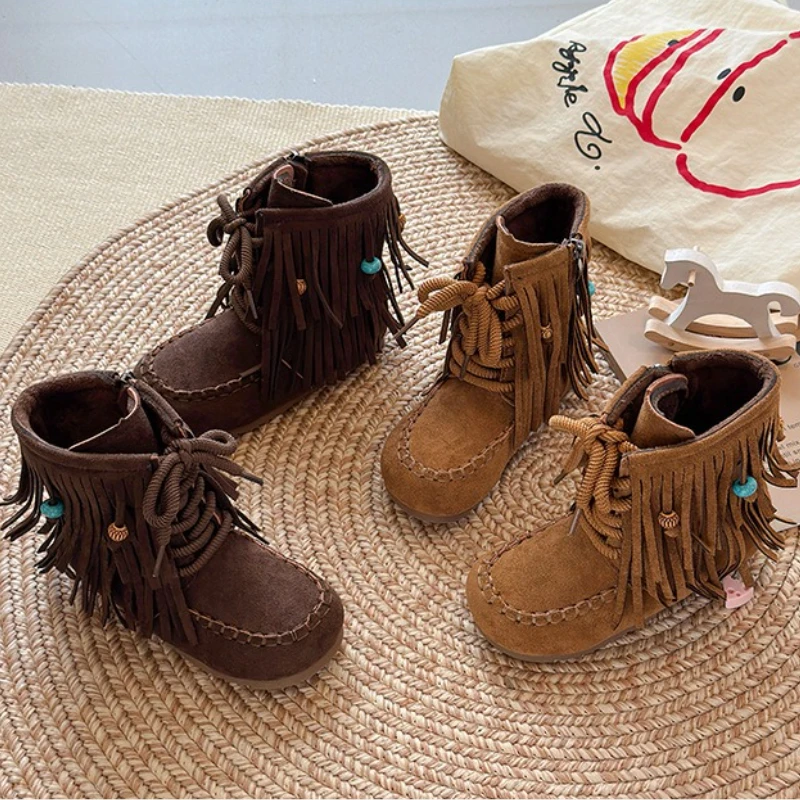 

Модные коричневые детские полусапожки с кисточками в стиле ретро, ботильоны принцессы для девочек, теплая детская обувь на нескользящей мягкой подошве для детей от 5 до 12 лет
