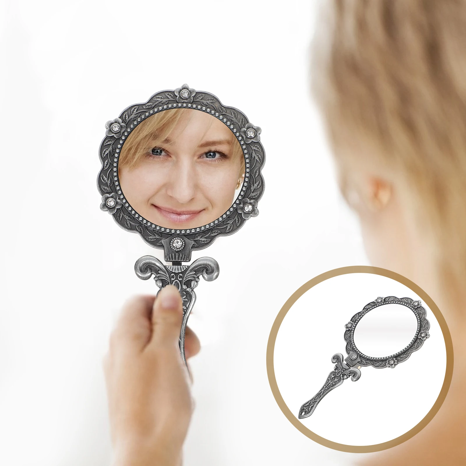 

Vintage Rhinestone Folding Mirror Handheld Portable Clear Mini Makeup Vanity Mirror Stylish Gift for Girls Women