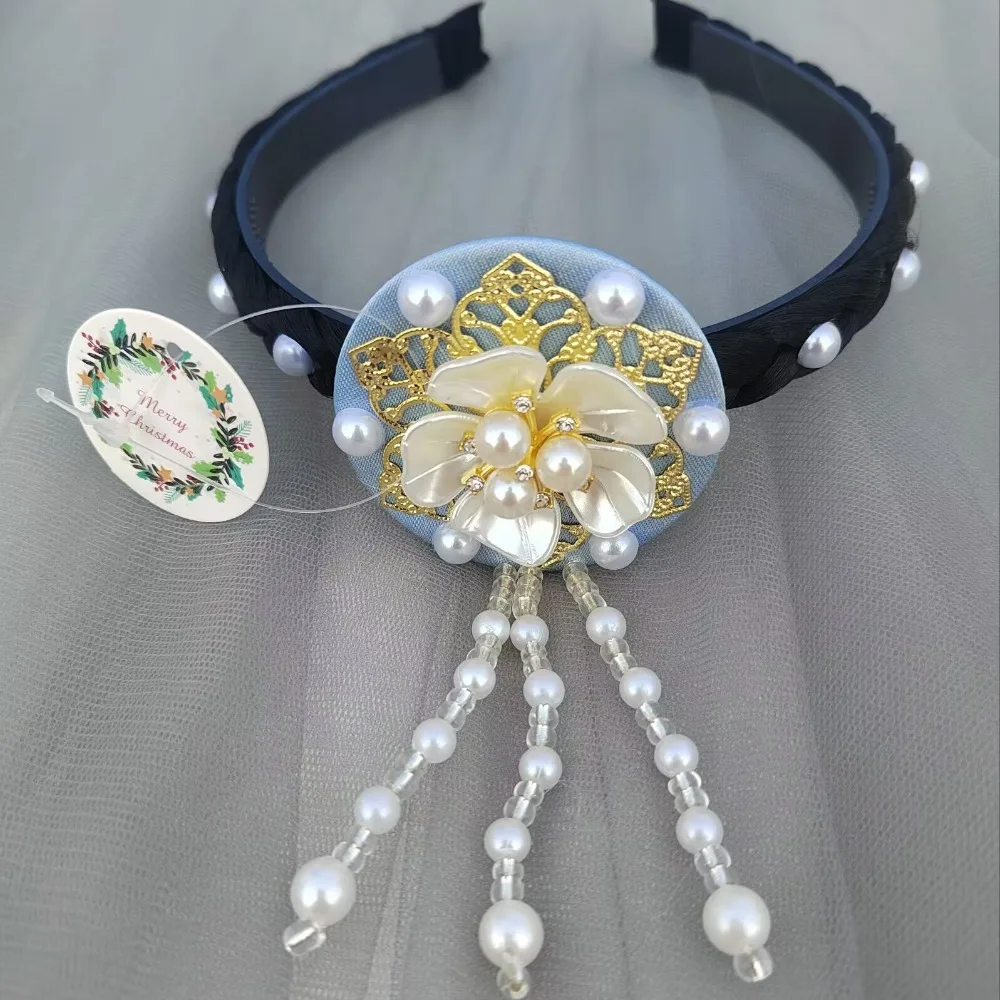 Retro Flower Korean Headband Tassels Traditional Hanbok Hairband Headdress Pearl Stage Dance Hair Hoop Hanfu