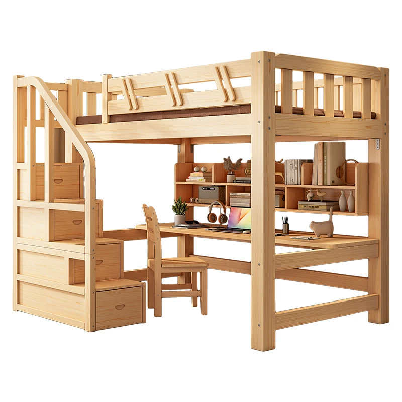On the bed and off the table, solid wood elevated bed, multi-functional combination, small apartment, high and low children's