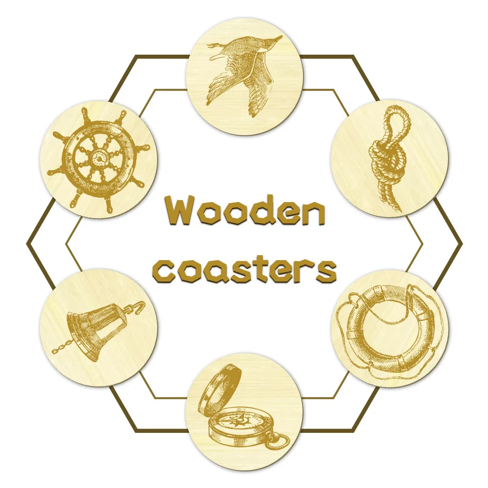 Set of 6 Nautical Elements Mediterranean Drink Coasters For Home Bar Anchor Keepsafe Box With Wooden Cup Mats Sailing Home Decor