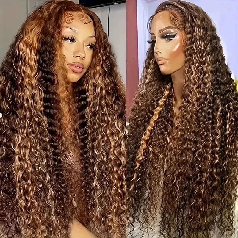 250% Density Curly Highlight 427 Human Hair Wigs Honey Blonde Pre-Plucked 13x6 HD Frontal Lace Deep Wave Ombre Wigs Human Hair