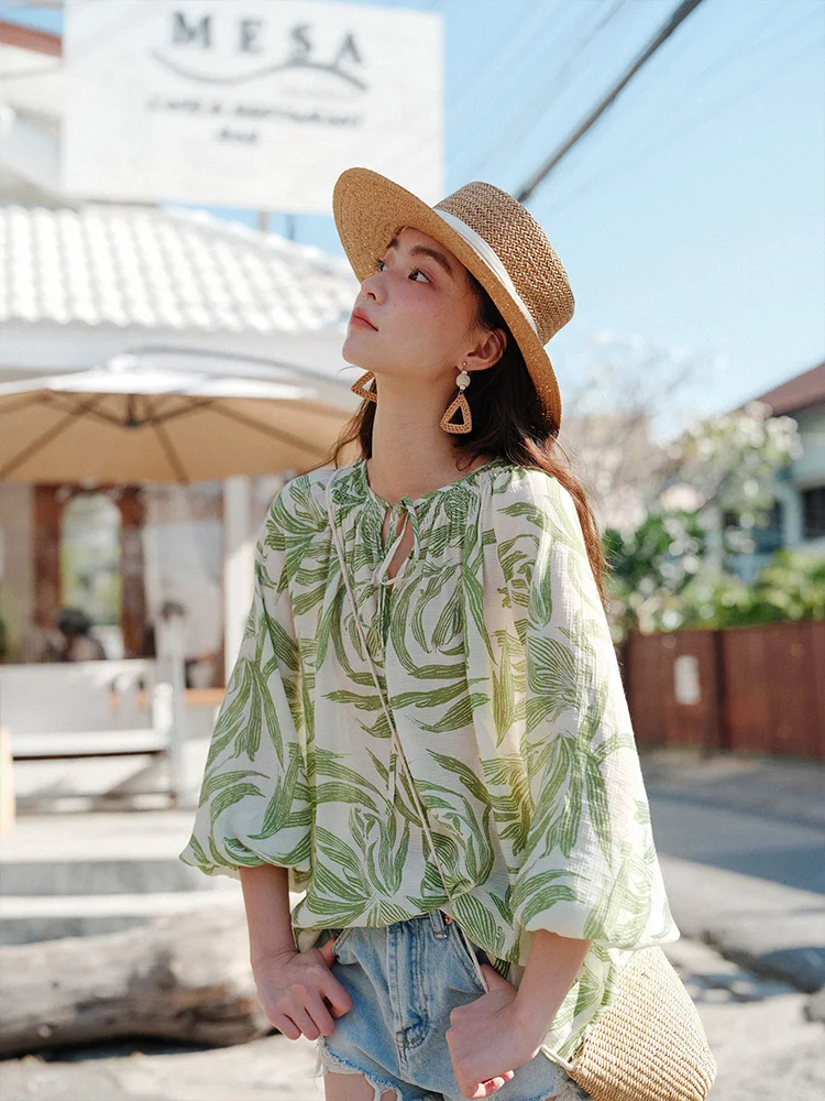 

Loose Long Sleeve Women's Shirt Summer Thin Green White Striped Tie Waist Slim Fit Vacation Style Sun Protection Top