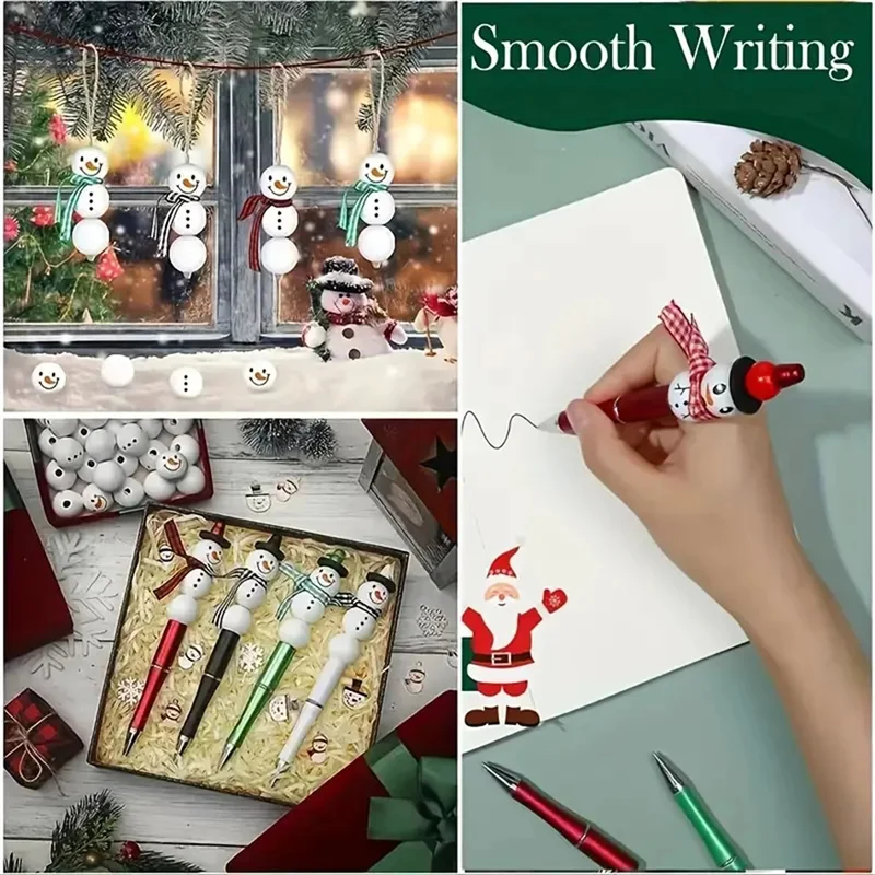 DIY Beaded Ballpoint Pen Christmas SnowMan Ribbon Theme DIY Beaded Pen Charm Beads Set Beadable Handmade Decor Set for Gift