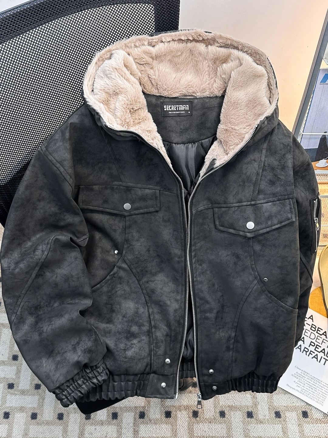 

Thiened Fce Lined Hooded Cotton Jaet Men's Winter Coat American Sle eepskin PU Leather Jaet Youth Casual Wear