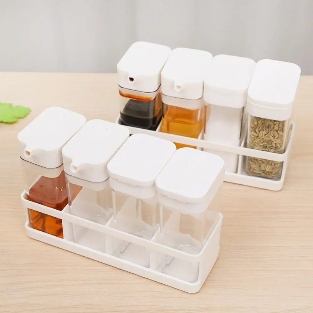 Kit de combinación de hervidor de aceite de tarro de especias transparente, sellado con Base de compartimento, caja de almacenamiento de condimentos a prueba de humedad, 4 piezas por juego